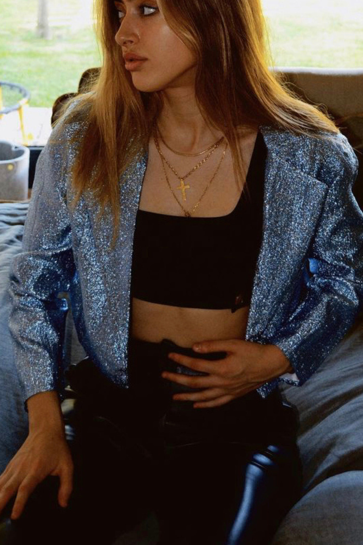 Chaqueta metálica celeste